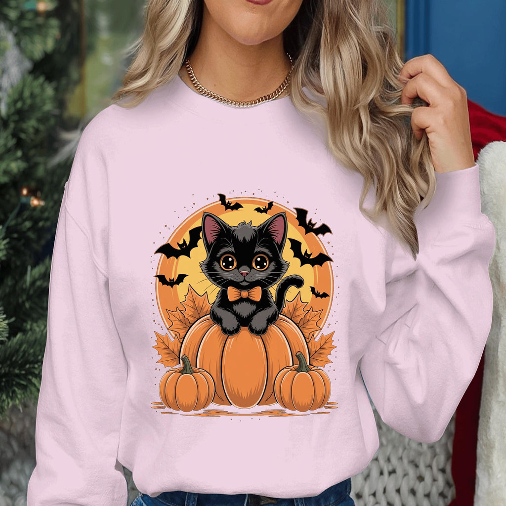 Cute Black Kitten on Pumpkin Shirt with Bats and Full Moon, Spooky Halloween Cat Lover Tee, Haunted Kitten Costume Top, Cat Halloween Shirt