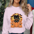 Cute Black Kitten on Pumpkin Shirt with Bats and Full Moon, Spooky Halloween Cat Lover Tee, Haunted Kitten Costume Top, Cat Halloween Shirt