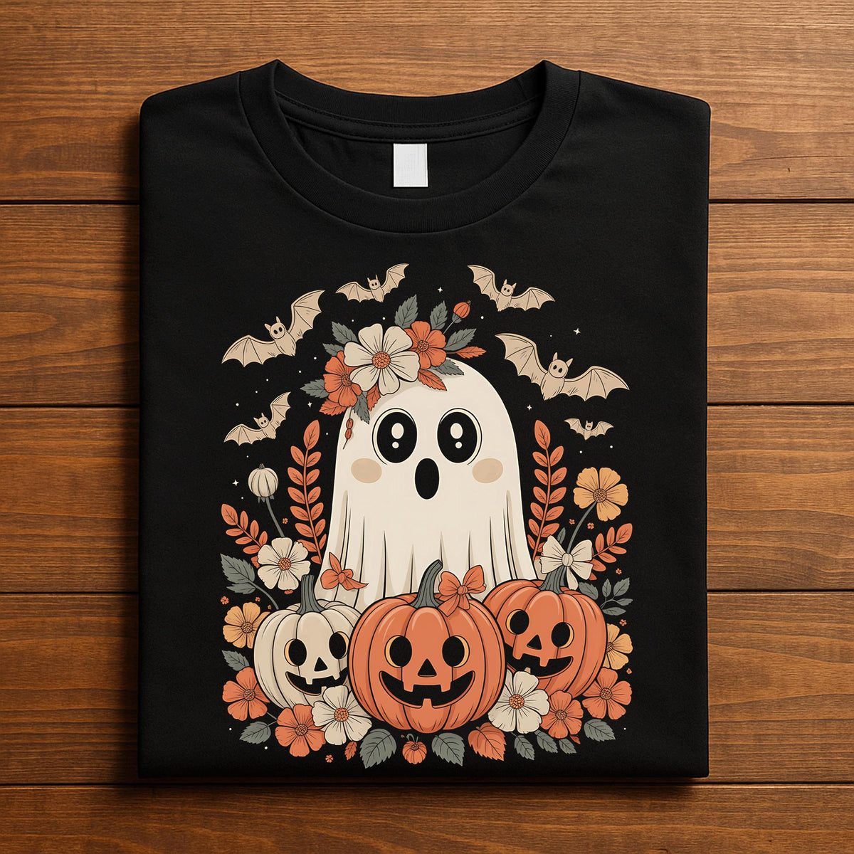 Floral Ghost Halloween Shirt, Cute Spooky Pumpkin Bat Tee