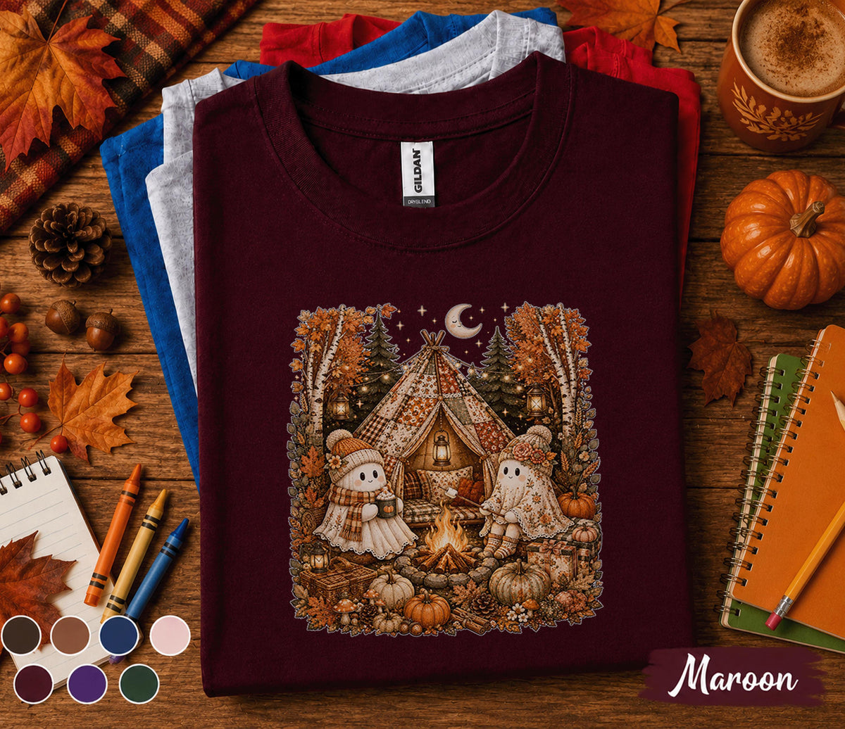 Cute Ghost Camping Fall Shirt, Cozy Autumn Campfire Ghost Sweatshirt, Halloween Glamping Tee, Pumpkin Camp Shirt, Spooky Season Nature Gift