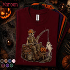 Skeleton Fishing Halloween Shirt, Funny Ghost Fisherman Tee, Spooky Angler Gift, Pumpkin Fishing, Vintage Fall Fishing Tee