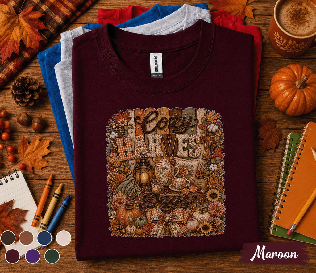 Cozy Harvest Days Shirt, Fall Coffee Lover Tee, Autumn Pumpkin Shirt, Thanksgiving Outfit, Rustic Cozy Season Sweatshirt Gift