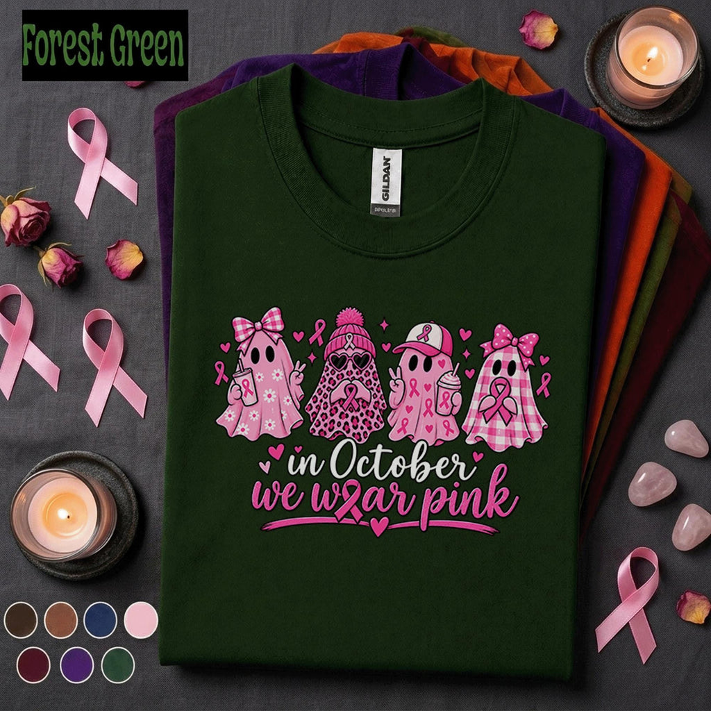 Breast Cancer Awareness Shirt, In October We Wear Pink Ghost Tee, Pink Ribbon Halloween Shirt, Cute Spooky Season Support Gift for Women