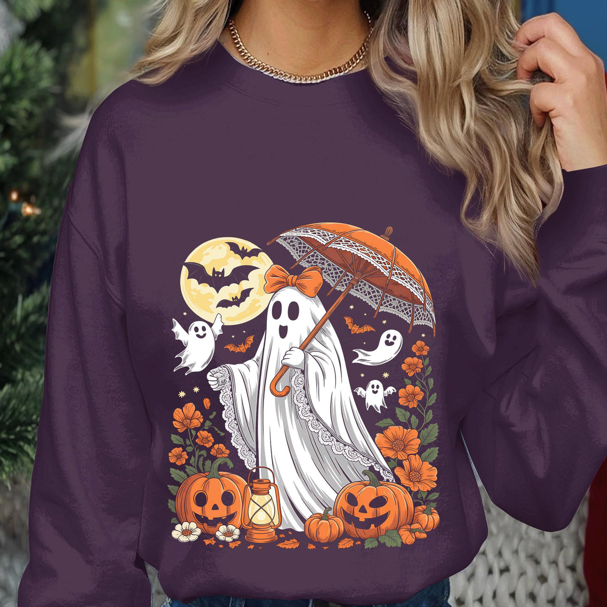 Vintage Ghost Umbrella Shirt, Cute Spooky Halloween Spirit Tee, Floral Haunted Season Top, Halloween Shirts, Women Halloween Sweatshirt Girl