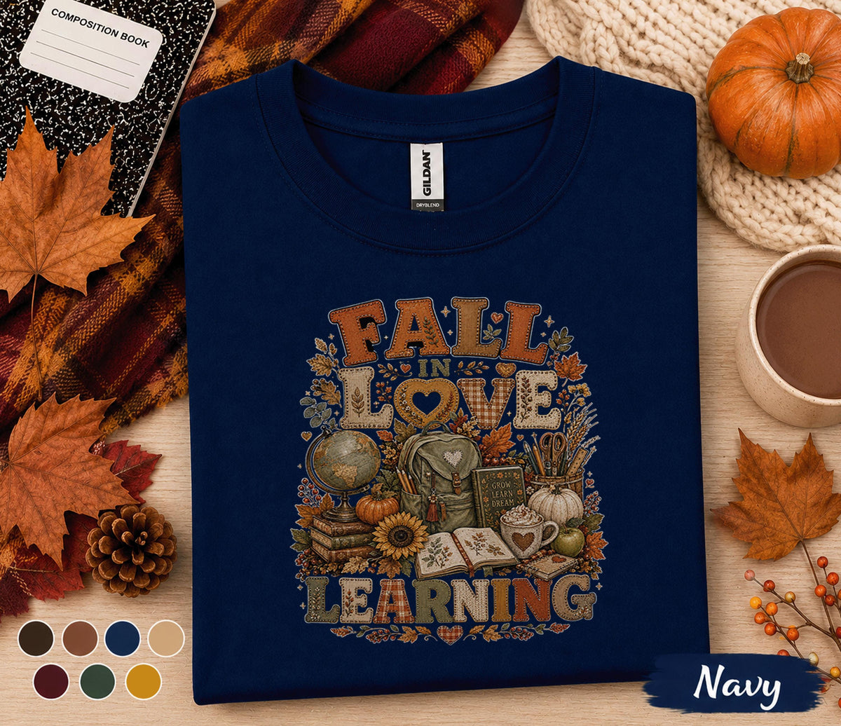 Fall in Love with Learning Shirt, Autumn Teacher Pumpkin Tee, Cozy Classroom T-Shirt, Back to School Teacher, Thanksgiving Educator Outfit
