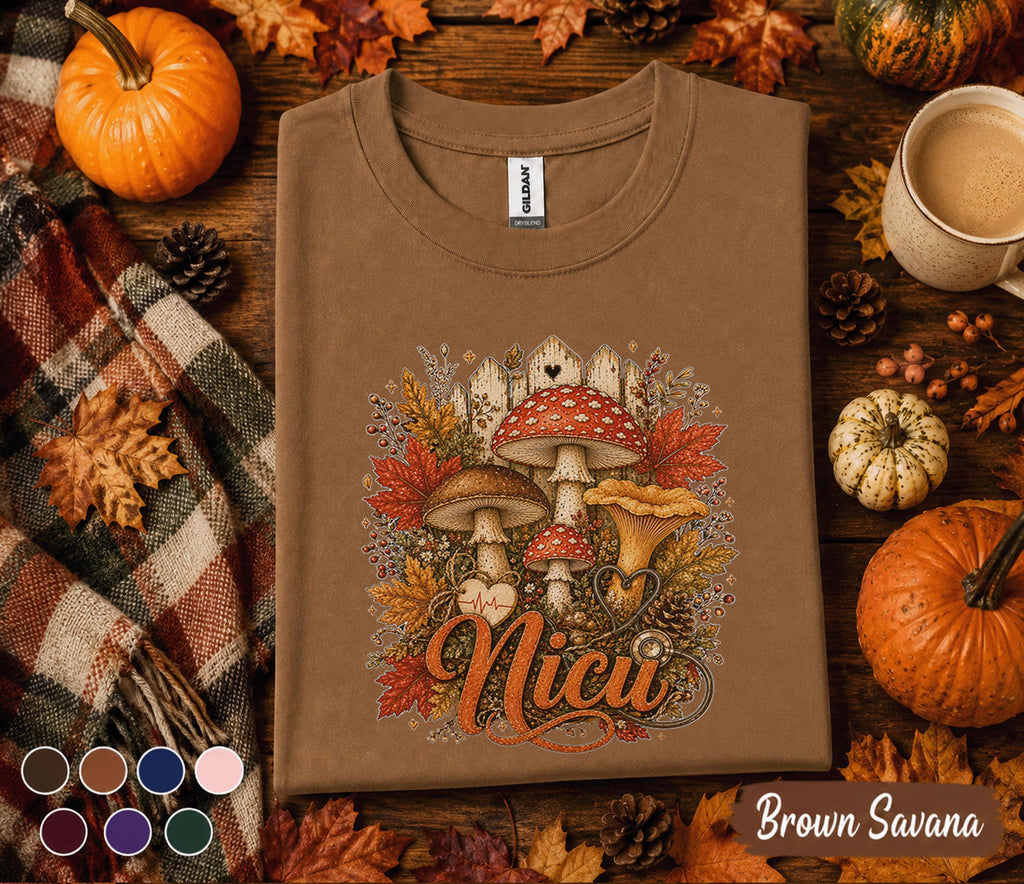Fall NICU Nurse Shirt, Autumn Mushroom NICU Nurse Tee, Cute Nurse Gift, Cozy Healthcare Worker Sweatshirt, Registered Nurse Fall Medical