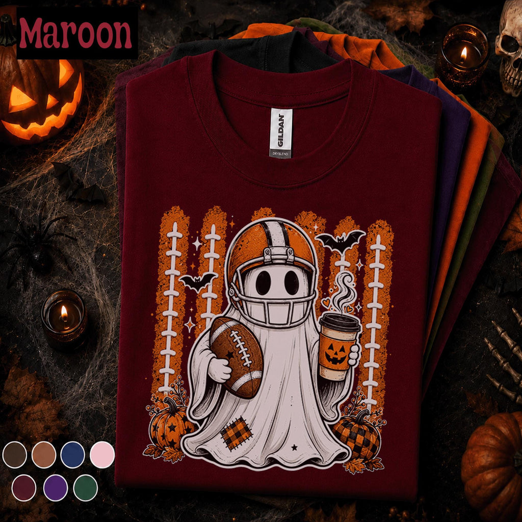 Halloween Football Shirt, Ghost Football Tee, Spooky Game Day Shirt, Pumpkin Coffee Fall Tee, Cute Football Season Gift for Fans