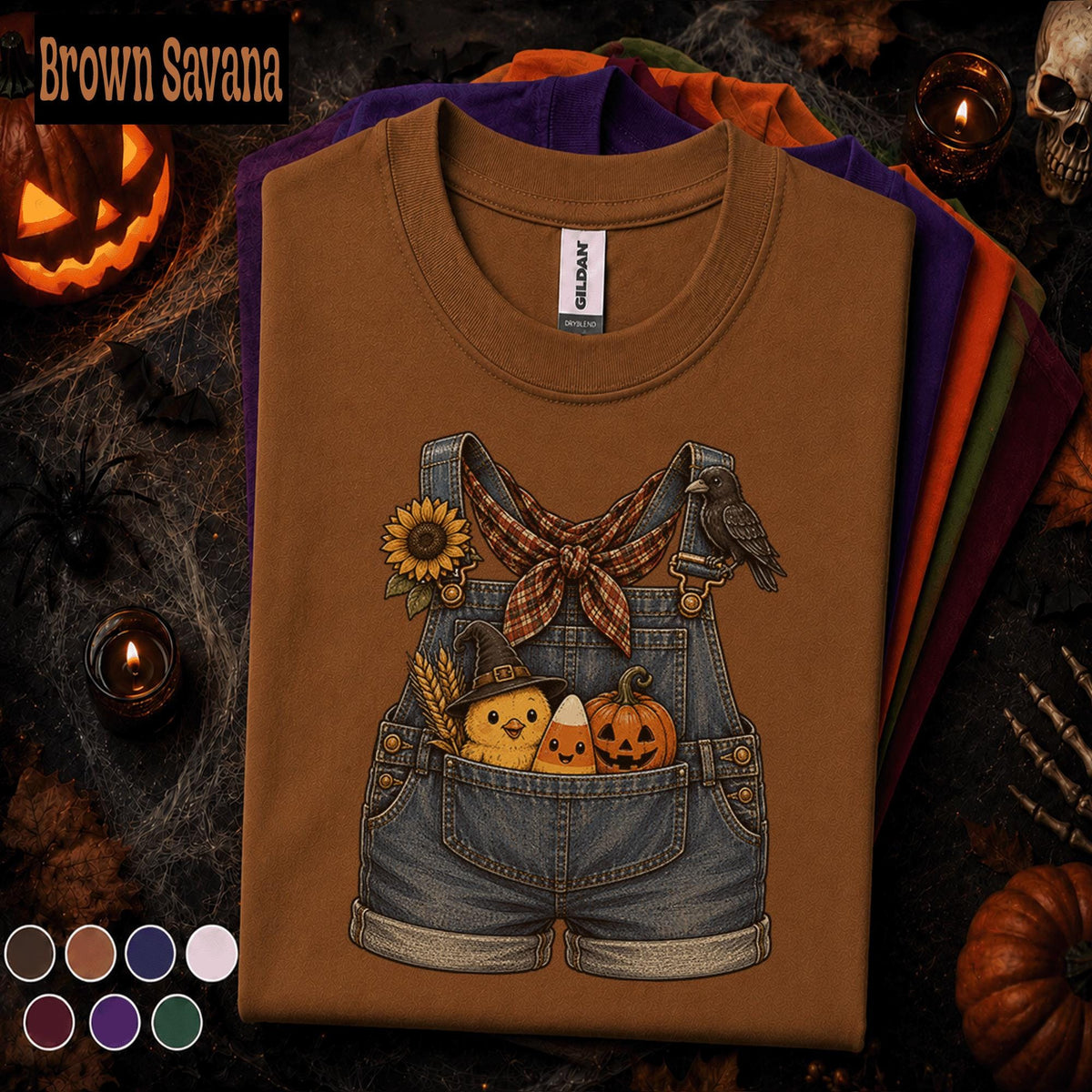Cute Halloween Overalls Shirt, Pumpkin Candy Corn Chick Tee, Fall Farm Girl, Spooky Crow Sunflower Shirt, Autumn Country Gift