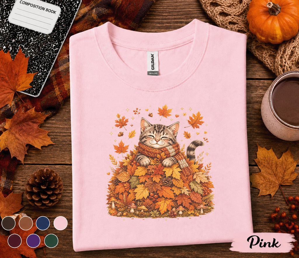 Cute Fall Cat Shirt, Cozy Autumn Kitten Tee, Sleeping Cat in Fall Leaves, Pumpkin Season Cat Lover Gift, Thanksgiving T-Shirt