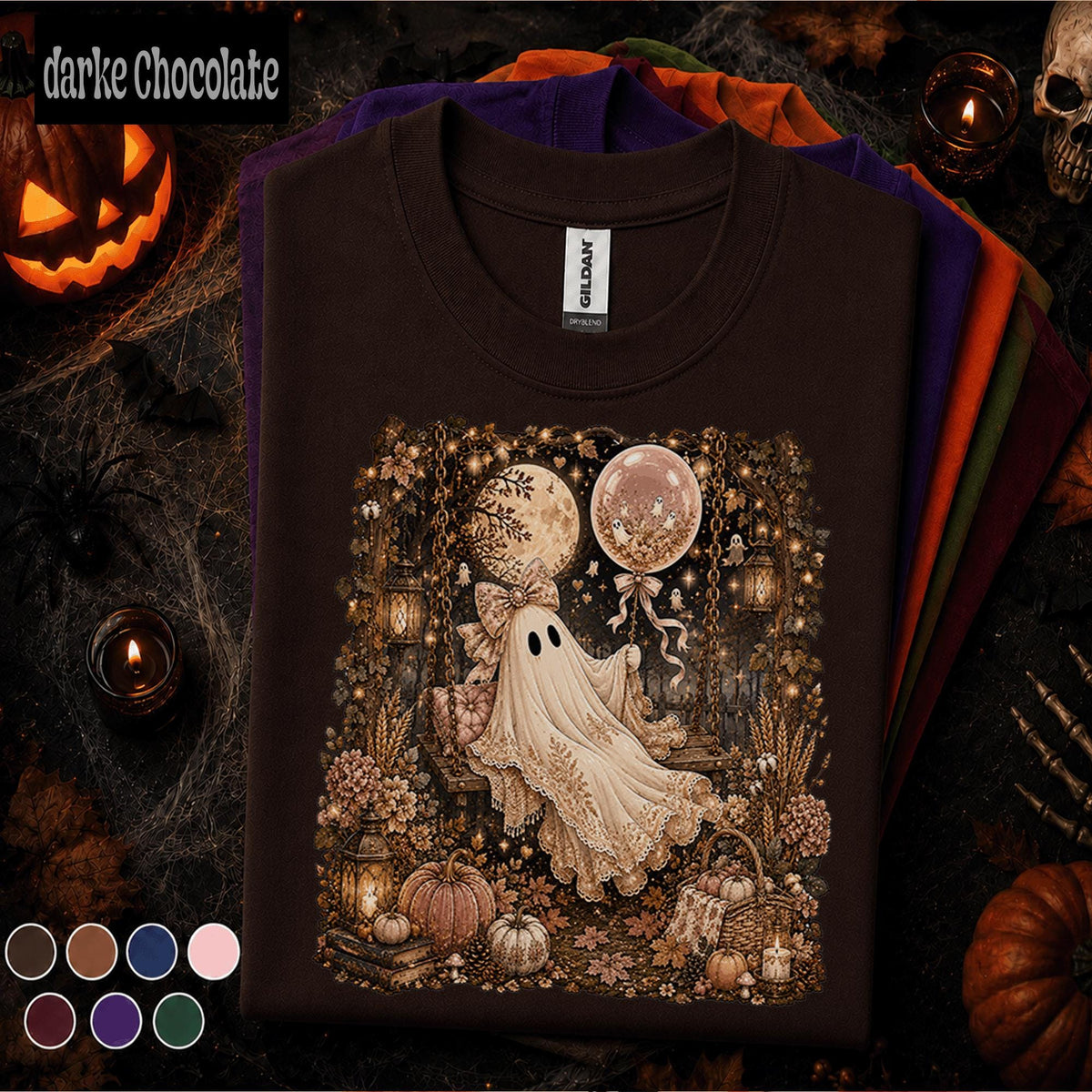 Cozy Ghost Halloween Shirt, Vintage Fall Ghost Tee, Cute Spooky Season Shirt, Pumpkin Moon Cottagecore Tee, Autumn Ghost Lover Gift