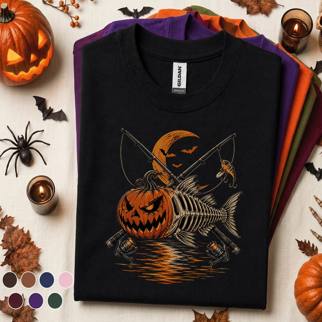 Halloween Fishing Shirt, Pumpkin Fish Skeleton Tee