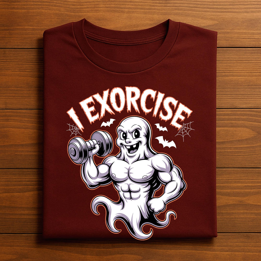 I Exorcise Shirt, Muscular Ghost Lifting Dumbbell Gym Tee