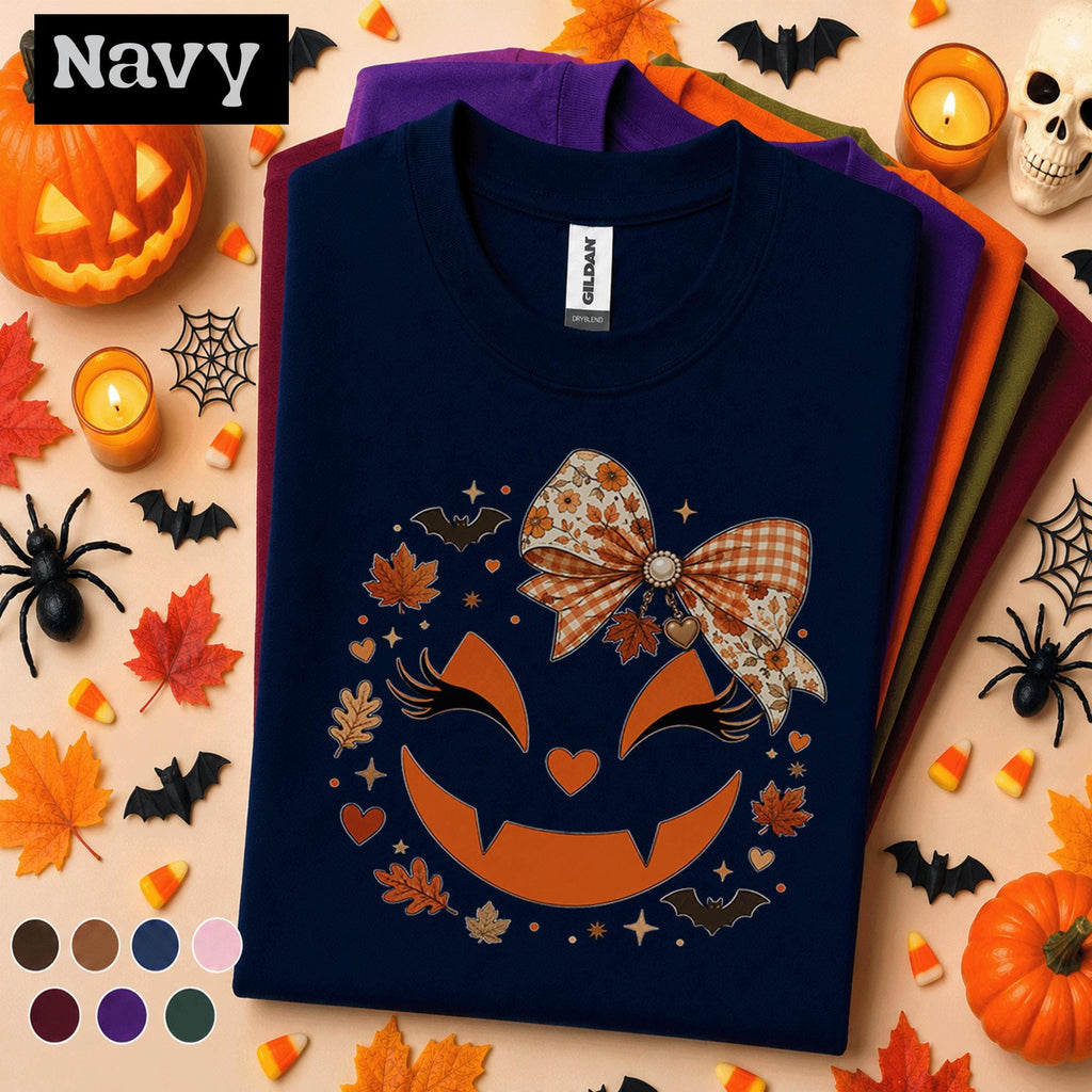 Girly Pumpkin Halloween Shirt, Cute Jack O Lantern Bow Tee, Coquette Spooky Season Shirt, Floral Plaid Fall Tee, Halloween Gift for Women