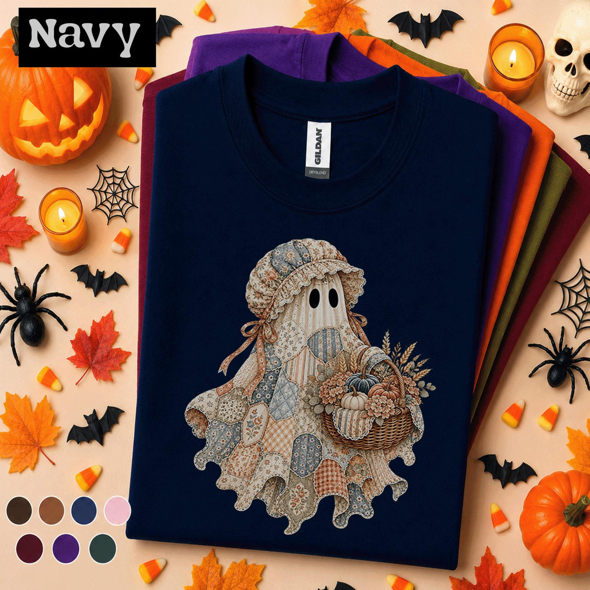 Patchwork Ghost Halloween Shirt, Cottagecore Pumpkin Ghost Tee, Vintage Quilt Spooky Season Shirt, Cozy Fall Halloween Gift for Women