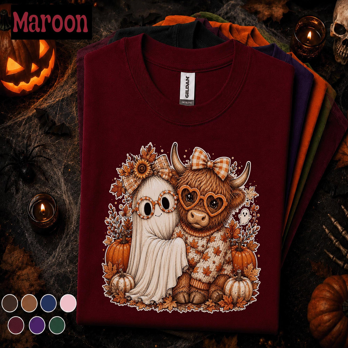 Cute Ghost Halloween Shirt, Highland Cow Fall Tee, Pumpkin Autumn Tshirt, Cozy Spooky Season Shirt, Cute Halloween Gift Tee