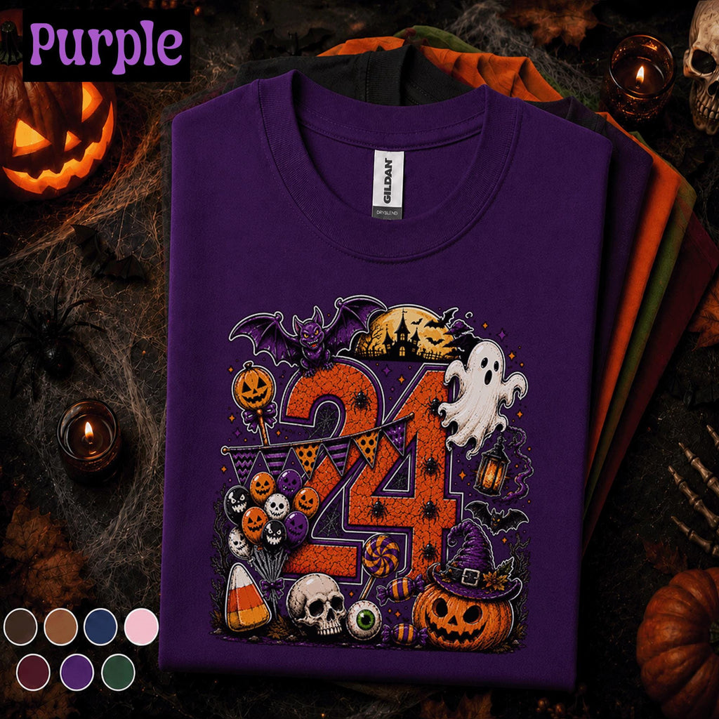 24th Birthday Halloween Shirt, Spooky Number 24 Tee, October Birthday Party Shirt, Ghost Pumpkin Witch Halloween Gift for Women Men