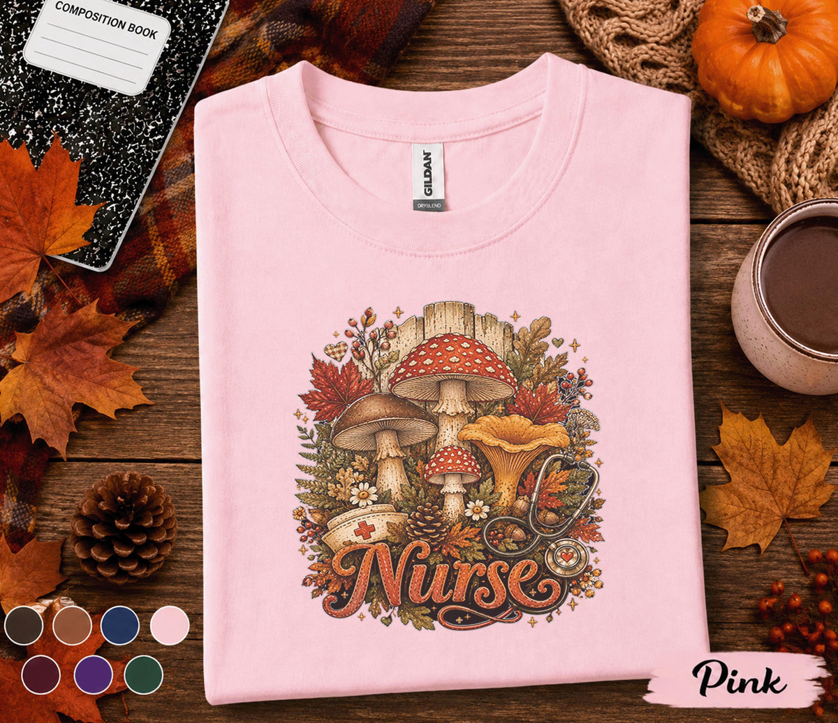 Fall Nurse Shirt, Autumn Mushroom Nurse Tee, Cute RN Fall Shirt, Cozy Nurse Gift, Medical Shirt, Pumpkin Season Nurse Tee, Nurse Gift