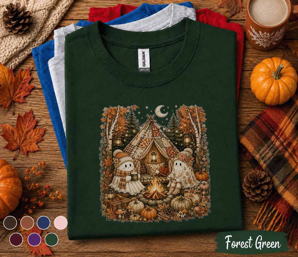 Cute Ghost Camping Fall Shirt, Cozy Autumn Campfire Ghost Sweatshirt, Halloween Glamping Tee, Pumpkin Camp Shirt, Spooky Season Nature Gift