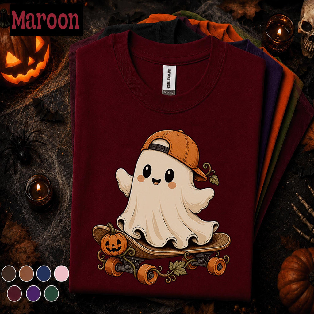 Cute Ghost Halloween Shirt, Skateboard Ghost Tee, Pumpkin Skater Shirt, Spooky Season Tee, Funny Halloween Gift for Skaters Kids Youth Boys