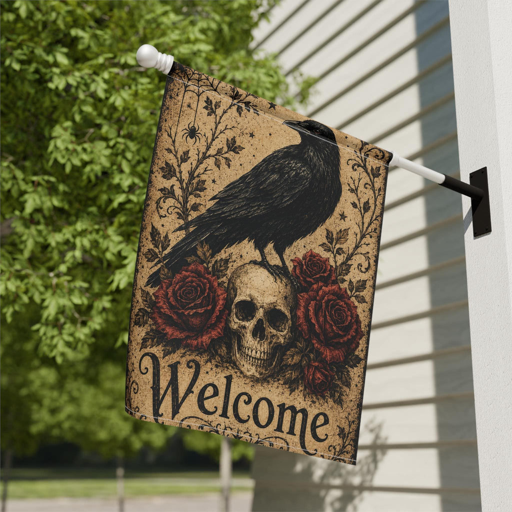 Halloween Garden Flag, Gothic Raven Skull Decor, Red Rose Yard Flag, Spooky Welcome Sign, Vintage Halloween Porch Outdoor Decoration