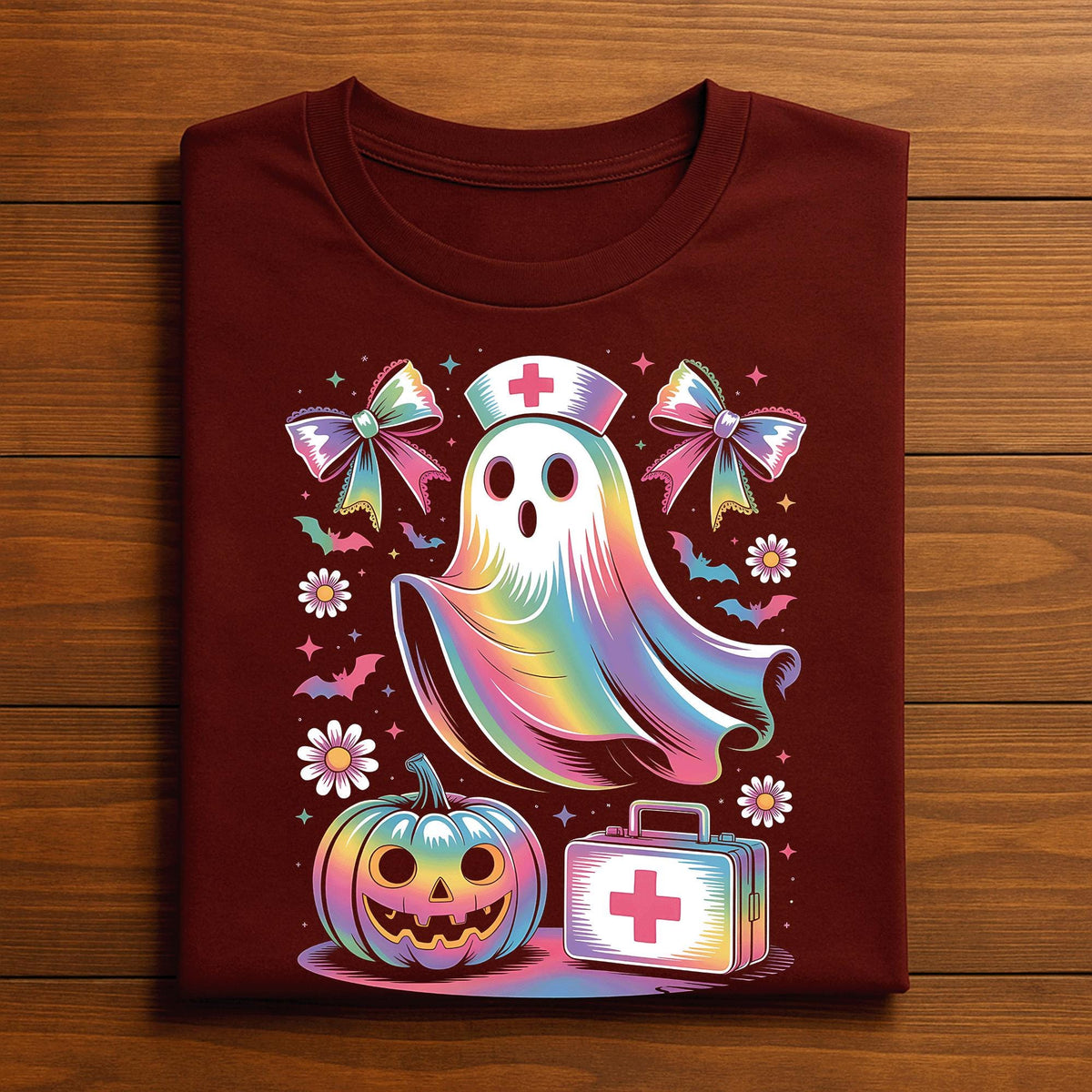 Rainbow Ghost Nurse Shirt, Pastel Halloween Nurse T-Shirt
