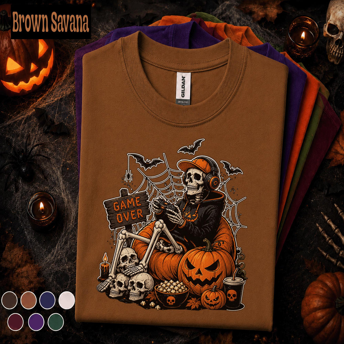 Halloween Gamer Shirt, Game Over Skeleton Tee, Spooky Gaming Tshirt, Pumpkin Gamer Gift, Retro Video Game Halloween Costume Kids Youth Boy