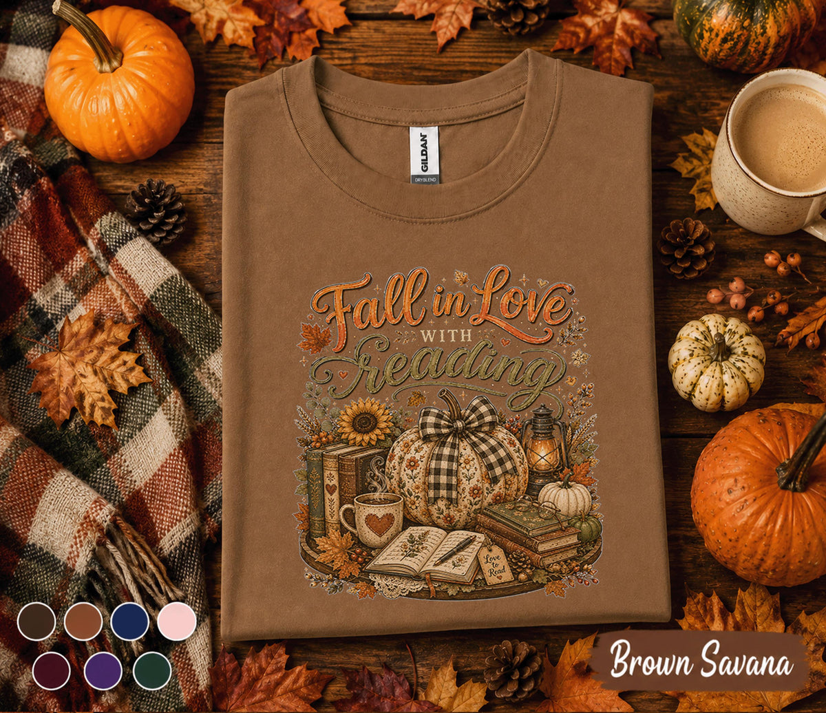 Fall in Love with Reading Shirt, Cozy Autumn Book Lover Tee, Pumpkin Library T-Shirt, Teacher Librarian Gift, Fall Bookworm Outfit