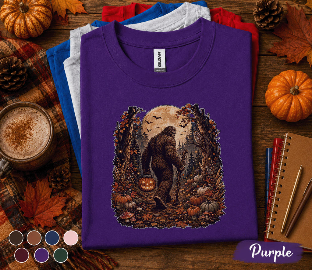Bigfoot Halloween Fall Shirt, Sasquatch Pumpkin Tee, Spooky Autumn Forest T-Shirt, Cryptid Moon Night Shirt, Cozy Halloween Gift Men Women