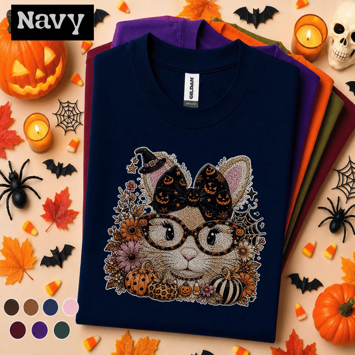 Halloween Cat Shirt, Cute Witchy Cat T Shirt, Pumpkin Bow Spooky Season Tee, Cat Mom Fall Shirt, Coquette Halloween Gift Tee