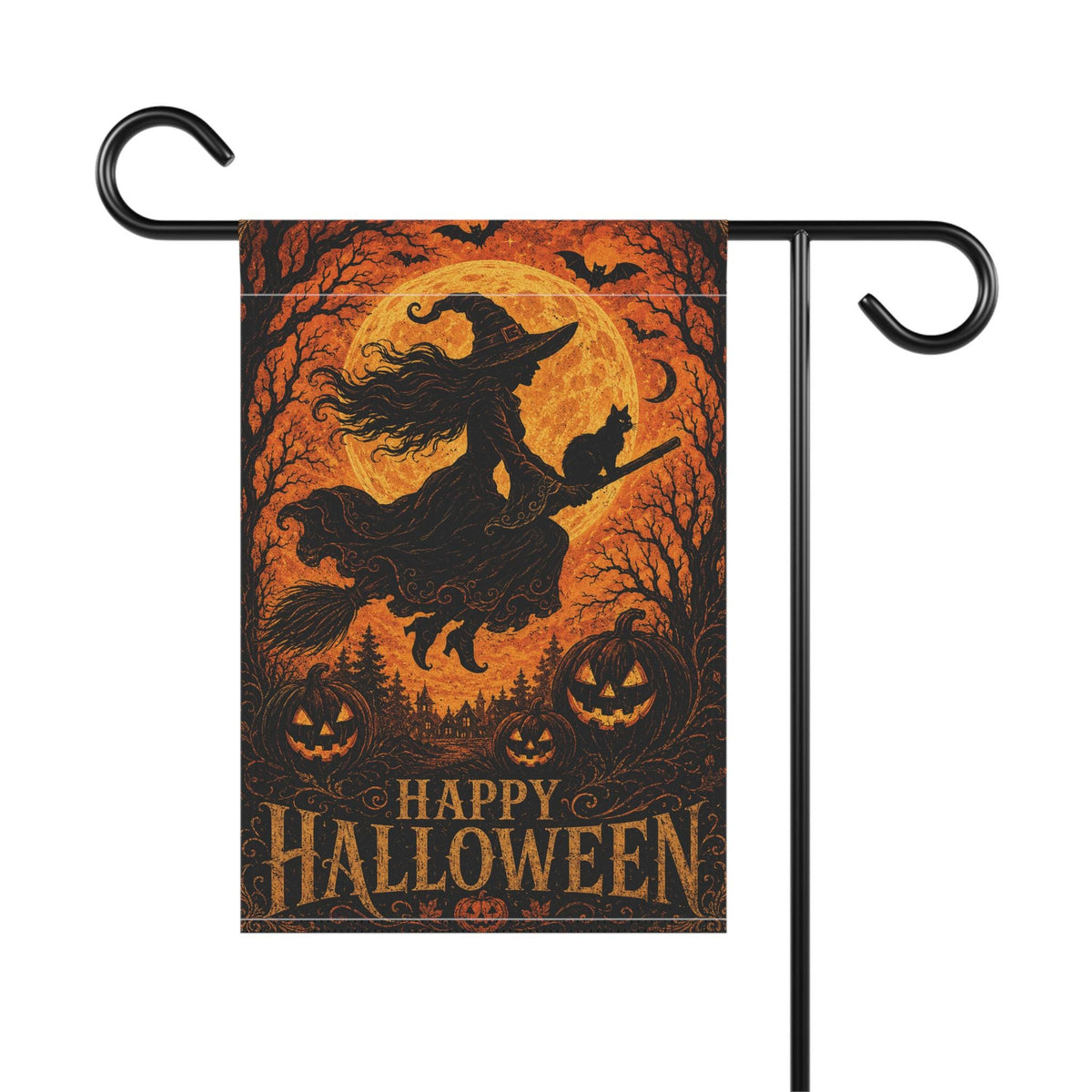 Witch Halloween Garden Flag, Flying Witch Full Moon Yard Decor, Black Cat Pumpkin Flag, Vintage Spooky Halloween Outdoor Porch Decoration