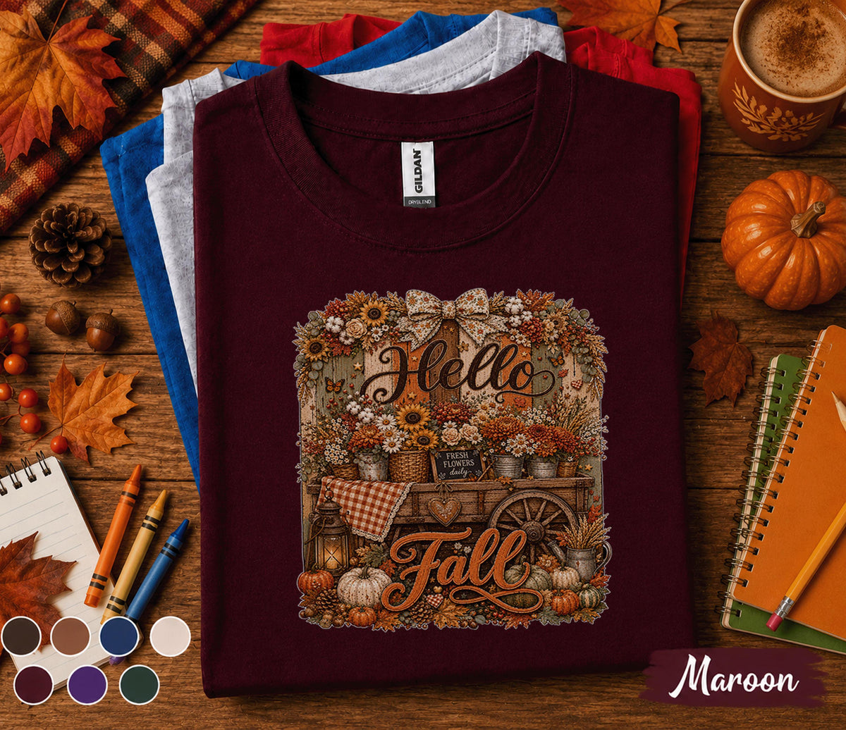 Hello Fall Shirt, Autumn Floral Wagon Tee, Pumpkin Harvest Shirt, Cozy Farmhouse Fall T-Shirt, Thanksgiving Gift for Her, Country Autumn