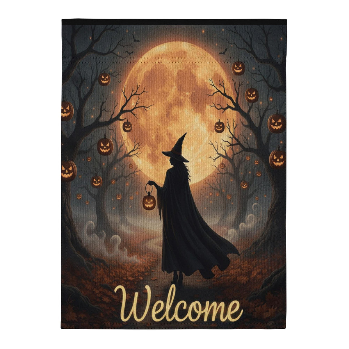 Witch Halloween Garden Flag with Pumpkin Lantern and Blood Moon, Spooky Welcome Yard Decor