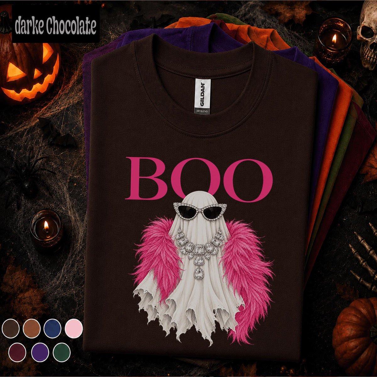 Boo Ghost Halloween Shirt, Pink Glam Ghost Tee, Girly Spooky Season Shirt, Rhinestone Fashion Ghost, Cute Halloween Gift for Women