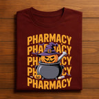 Pharmacy Halloween Shirt, Pumpkin Pharmacist in Cauldron with Witch Hat and Bats, Spooky Pharmacy Tech Costume Tee, Pharmacist Halloween