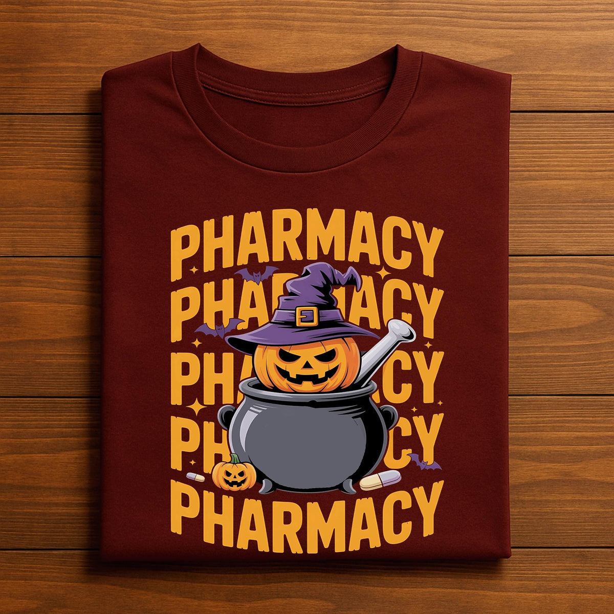 Pharmacy Halloween Shirt, Pumpkin Pharmacist in Cauldron with Witch Hat and Bats, Spooky Pharmacy Tech Costume Tee, Pharmacist Halloween