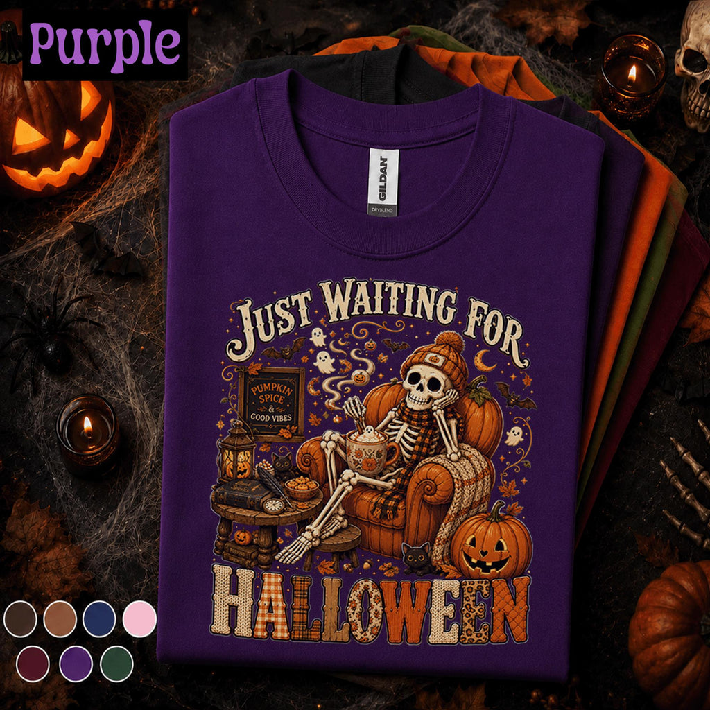 Just Waiting for Halloween Shirt, Skeleton Pumpkin Spice Tee, Cozy Spooky Season Shirt, Vintage Fall Halloween Lover Gift Tee