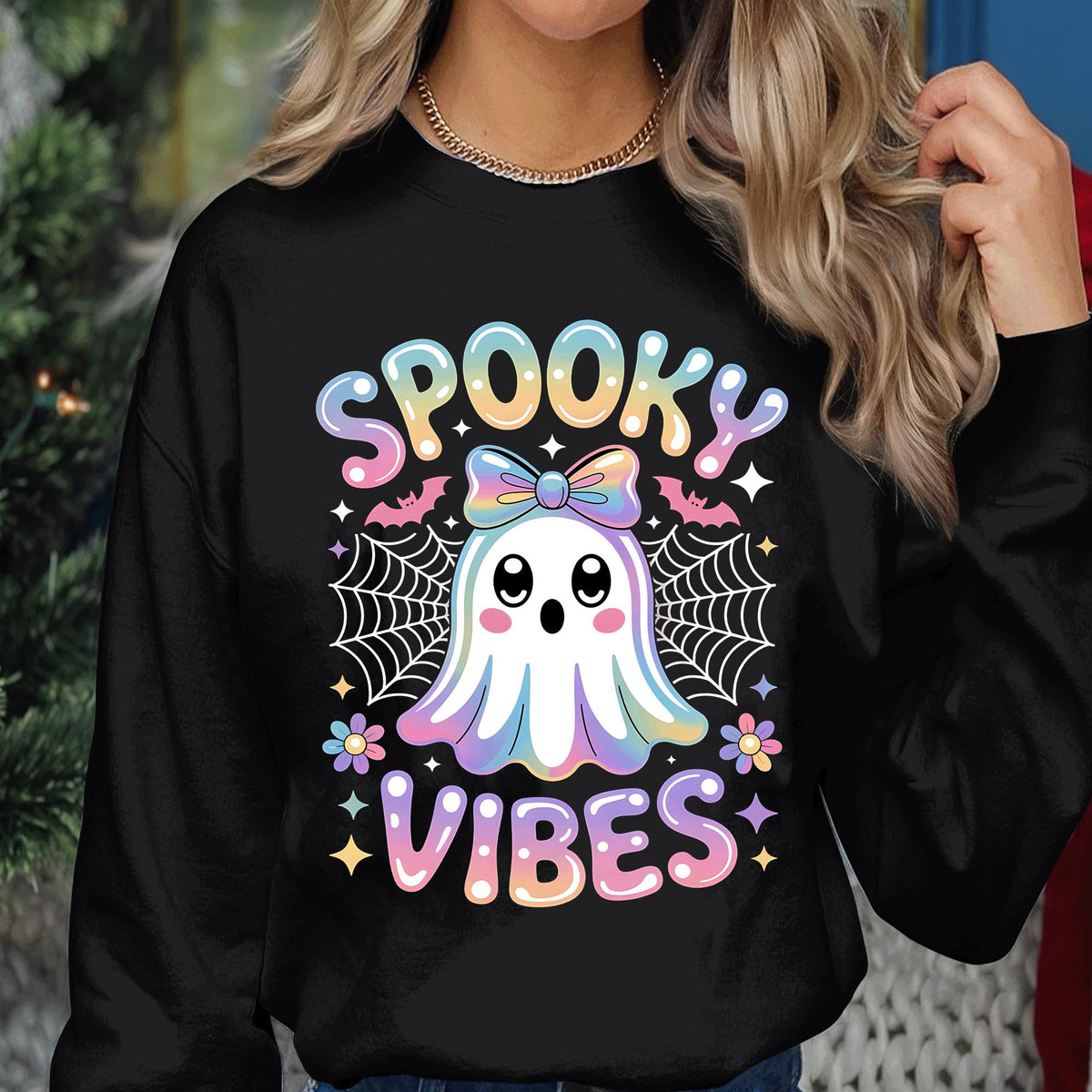 Spooky Vibes Shirt Cute Ghost Sweatshirt Halloween Shirt Pastel Kawaii Aesthetic Pullover Fall Outfit Women Creepy, Girl Halloween Gift