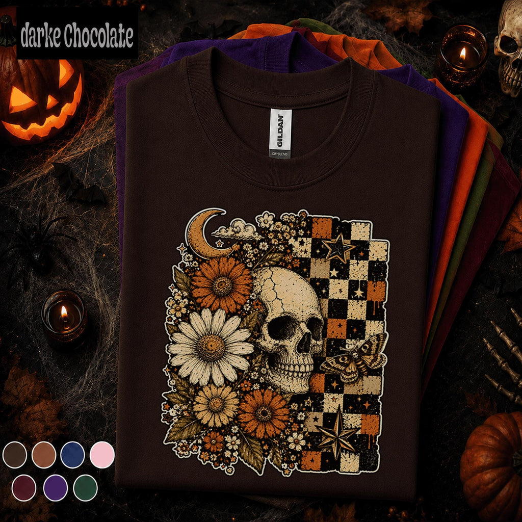 Floral Skull Halloween Shirt, Gothic Daisy T Shirt, Spooky Season Tee, Checkerboard, Celestial Witchy Fall Gift for Women