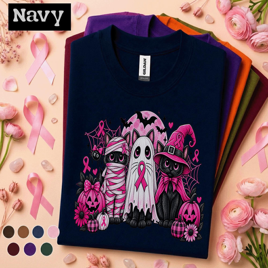 Breast Cancer Awareness Halloween Shirt, Pink Ribbon Black Cat Tee, Spooky October Cancer Support Shirt, Halloween Pink Out Survivor Gift