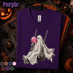 Bubblegum Ghost Halloween Shirt, Cute Ghost on Swing Tee, Pink Spooky Season T Shirt, Retro Halloween Tee, Whimsical Ghost Gift