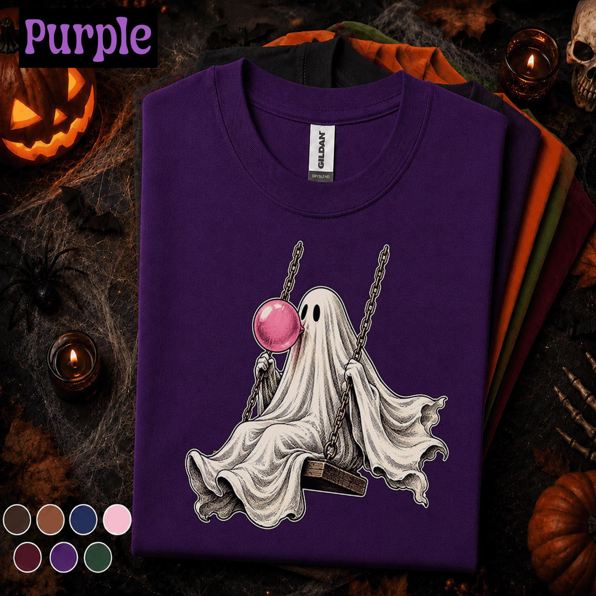 Bubblegum Ghost Halloween Shirt, Cute Ghost on Swing Tee, Pink Spooky Season T Shirt, Retro Halloween Tee, Whimsical Ghost Gift