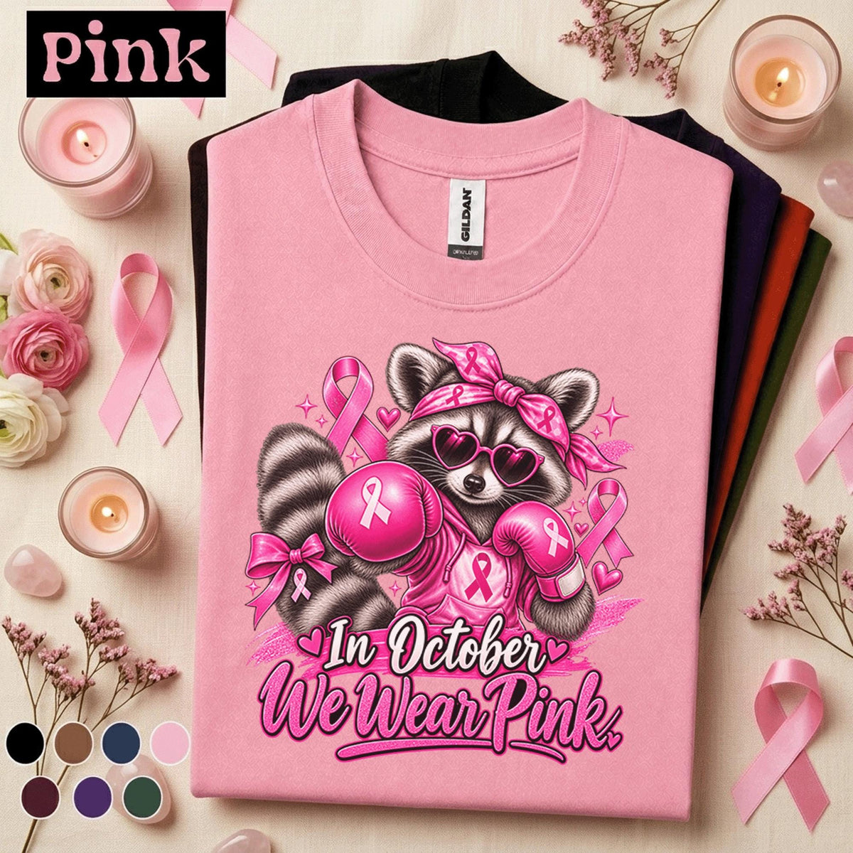 Breast Cancer Awareness Shirt, In October We Wear Pink Tee, Pink Ribbon Raccoon Shirt, Pink Out Boxing October Support Gift for Women