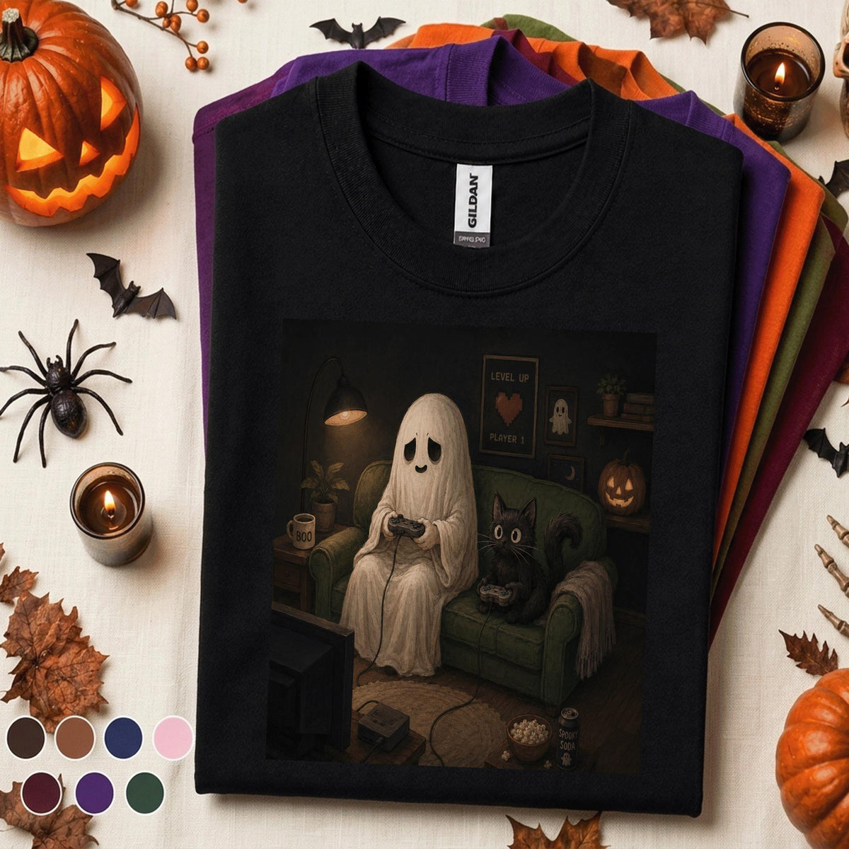 Ghost Gamer Halloween Shirt, Cute Gaming Ghost and Black Cat Tee
