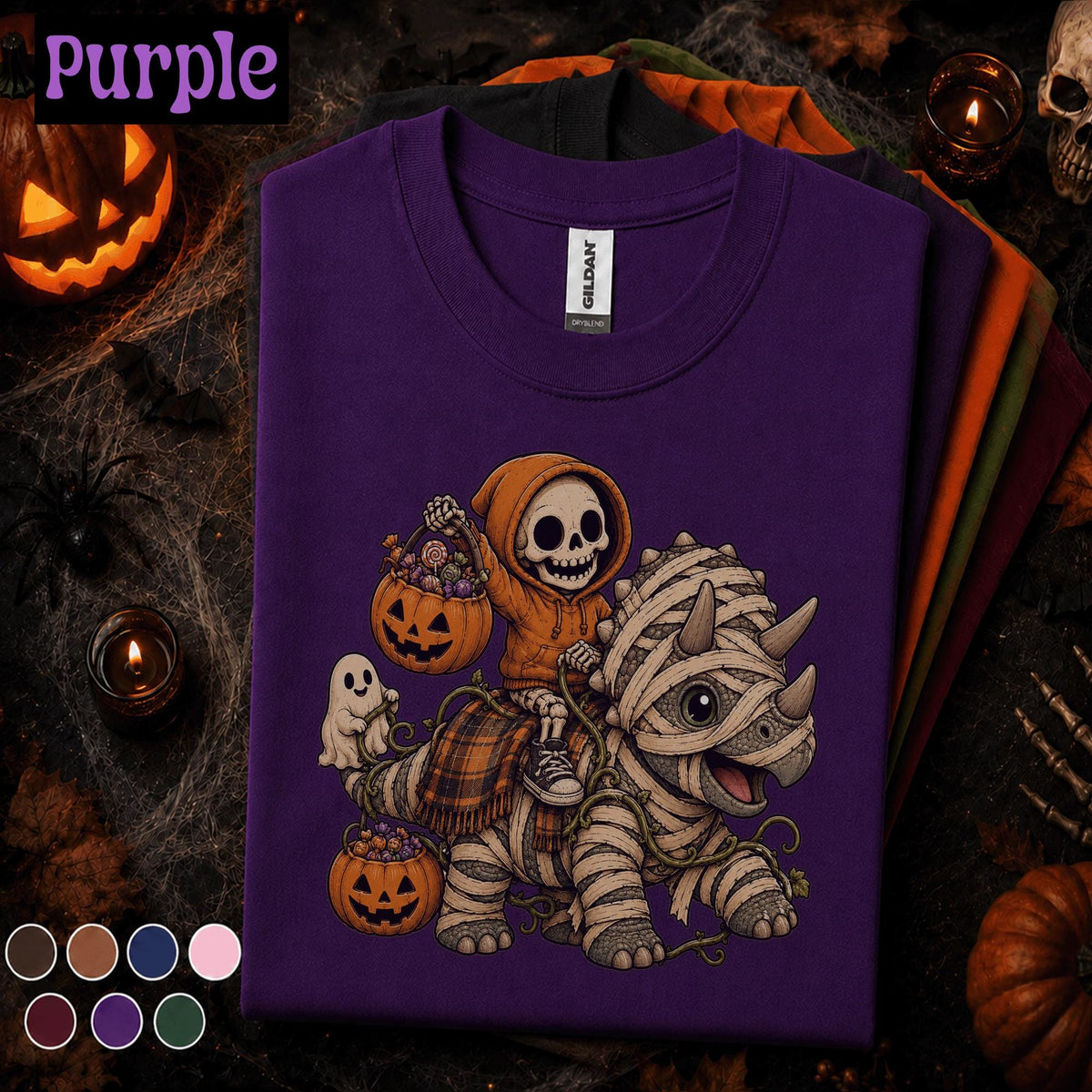 Cute Mummy Dinosaur Halloween Shirt, Skeleton Tee, Spooky Dino T Shirt, Pumpkin Ghost Fall Gift, Kids Youth Boys Halloween Top