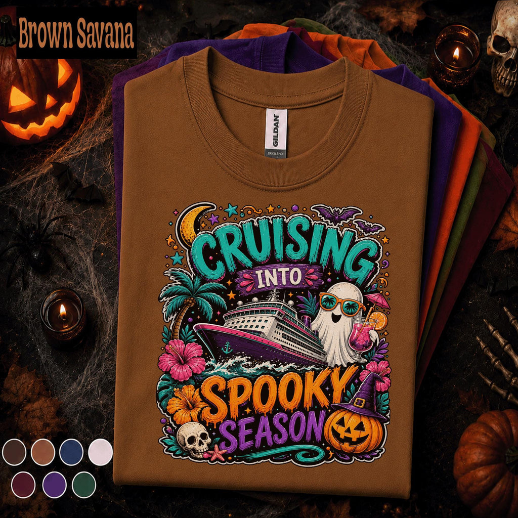 Cruising Into Spooky Season Shirt, Halloween Cruise Vacation Tee, Ghost Pumpkin Cruise Ship Shirt, Tropical Halloween Group Trip Gift
