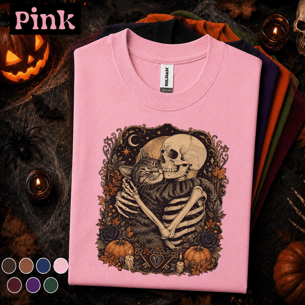 Skeleton Cat Halloween Shirt, Gothic Cat Lover Tee, Spooky Skeleton Hug Shirt, Vintage Halloween Tee, Dark Academia Fall Gift