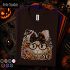 Halloween Cat Shirt, Cute Witchy Cat T Shirt, Pumpkin Bow Spooky Season Tee, Cat Mom Fall Shirt, Coquette Halloween Gift Tee