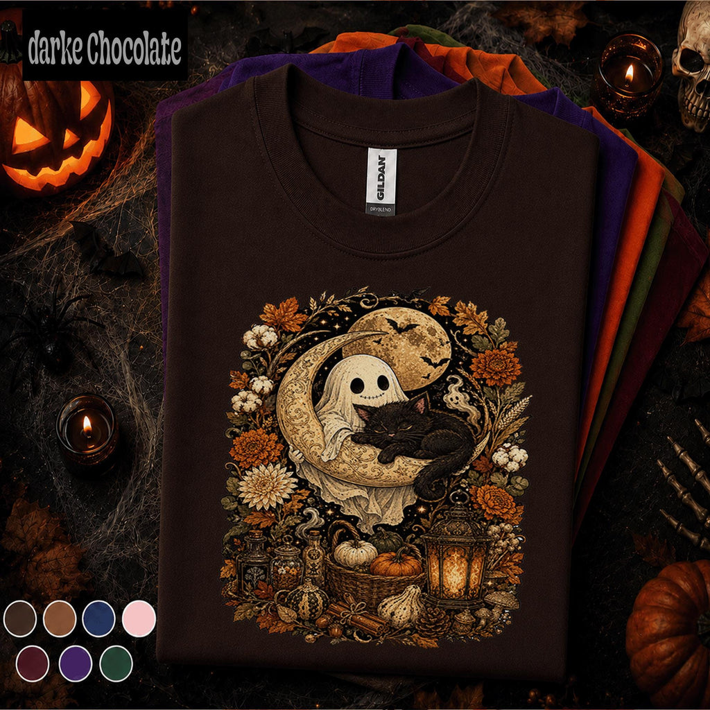 Cute Ghost Black Cat Halloween Shirt, Crescent Moon Spooky Tee, Vintage Autumn Floral, Cozy Witchy Fall Shirt, Cat Lover Gift