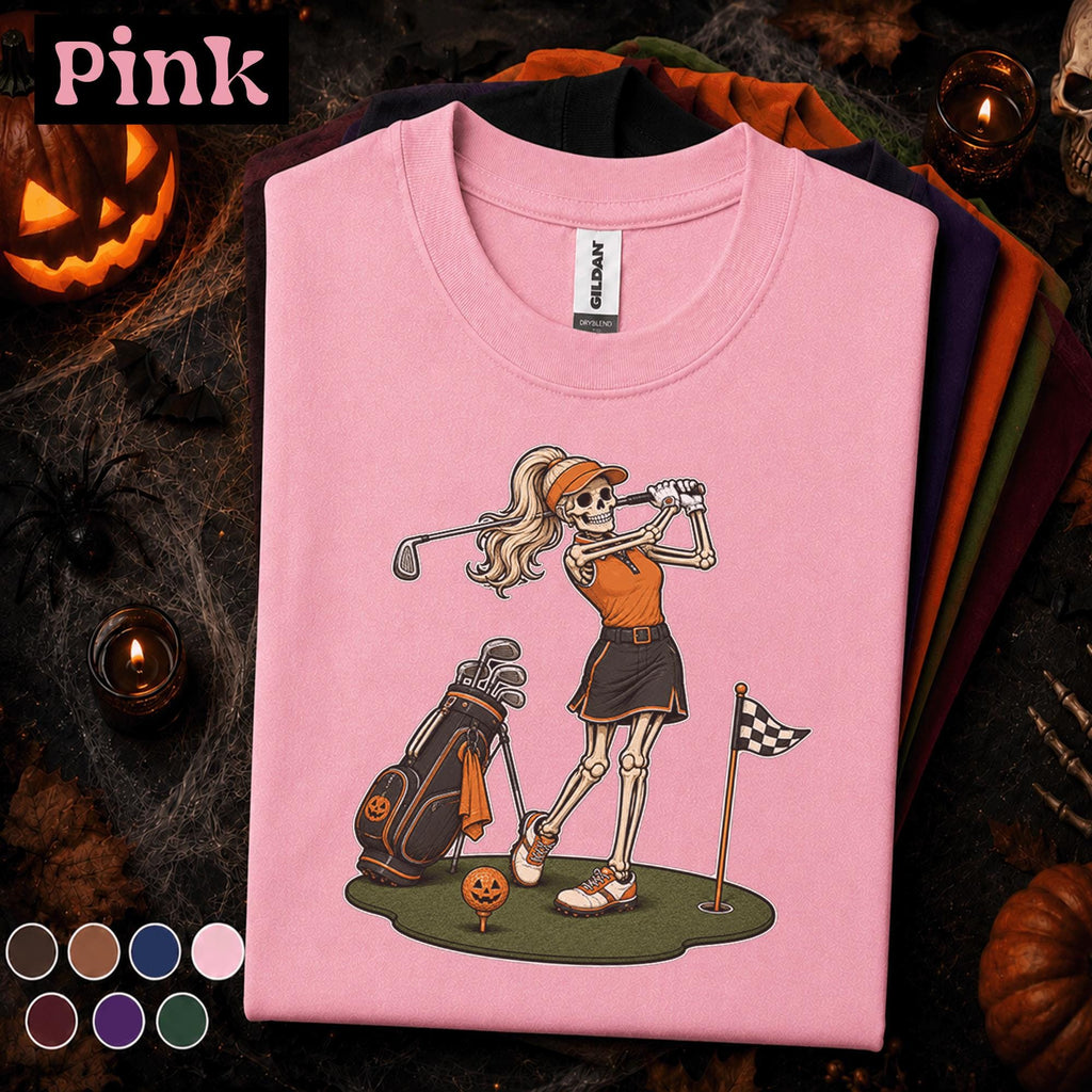 Skeleton Golfer Halloween Shirt, Funny Women Golf Tee, Spooky Golf Lover Gift, Pumpkin Golf Ball Shirt, Vintage Halloween Sports Tee