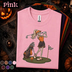 Skeleton Golfer Halloween Shirt, Funny Women Golf Tee, Spooky Golf Lover Gift, Pumpkin Golf Ball Shirt, Vintage Halloween Sports Tee